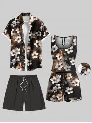 Ensemble chemise hawaïenne, short et barboteuse grande taille, imprimé fleurs de pêcher ombré, pour couple - Café profond 