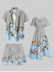 Flower Leaf Branch Herringbone Stripe Print Plus Size Matching Hawaii Beach Outfit For Couples -  