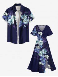 Tropical Leaf Hibiscus Flower Print Plus Size Matching Hawaii Beach Outfit For Couples -  