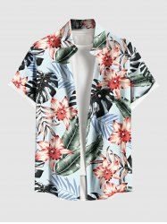 Plus Size Tropical Leaf Hibiscus Flower Print Hawaii Button Pocket Shirt For Men -  