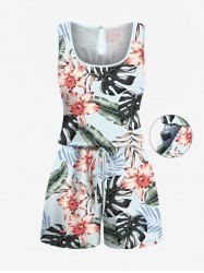 Plus Size Tropical Leaf Hibiscus Flower Print Hawaii Drawstring Pocket Romper -  