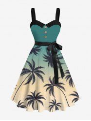 Plus Size Coconut Tree Ombre Print Hawaii Button A Line Tank Dress with Removable Belt -  