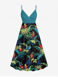 Plus Size Ombre Tropical Leaf Parrot Print Hawaii Surplice A Line Cami Dress -  