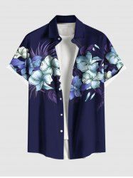 Plus Size Tropical Leaf Hibiscus Flower Print Hawaii Button Pocket Shirt For Men -  