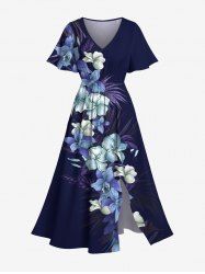 Plus Size Tropical Leaf Hibiscus Flower Print Hawaii Split Pocket A Line Midi Dress -  