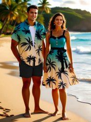 Tenue de plage hawaïenne assortie grande taille à imprimé ombré cocotier pour couples - Vert 