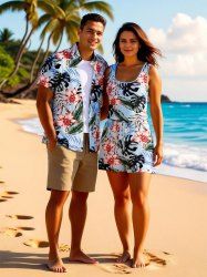 Matching Hawaii Shirt and Romper Plus Size Beach Outfit Tropical Leaf Hibiscus Flower Print For Couples -  