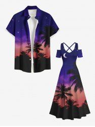 Coconut Tree Moon Ombre Sky Star Print Plus Size Matching Hawaii Beach Outfit For Couples -  