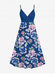 Plus Size Hibiscus Flower Leaf Print Surplice Hawaii Cami Dress -  