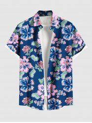 Chemise hawaïenne grande taille à imprimé feuilles d'hibiscus et boutons avec poches pour homme - Bleu 5XL