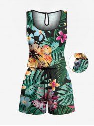 Plus Size Tropical Leaf Hibiscus Flowers Print Cinched Hawaii Romper -  