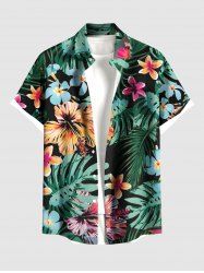 Plus Size Tropical Leaf Hibiscus Flowers Print Buttons Pocket Hawaii Shirt For Men -  