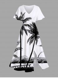 Robe mi-longue hawaïenne fendue à imprimé paysage marin et banc de cocotiers, grande taille - Blanc 6X