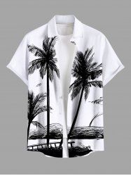 Plus Size Coconut Tree Bench Seascape Print Buttons Pocket Hawaii Shirt For Men -  
