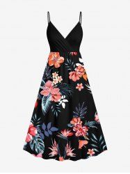 Plus Size Tropical Leaf Hibiscus Flower Print Hawaii Surplice A Line Cami Dress -  