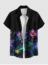 Plus Size Daisy Flowers Leaf Neon Print Buttons Pocket Hawaii Shirt For Men -  