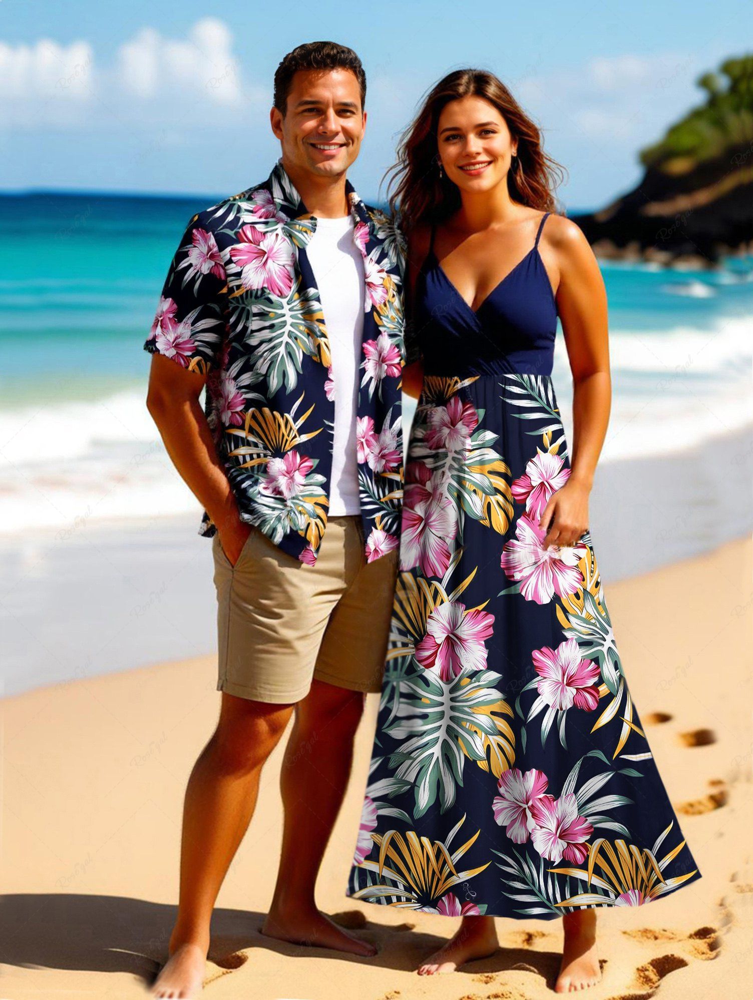 Tenue de plage hawaïenne assortie grande taille à imprimé feuilles tropicales et fleurs d'hibiscus pour couples Bleu profond 