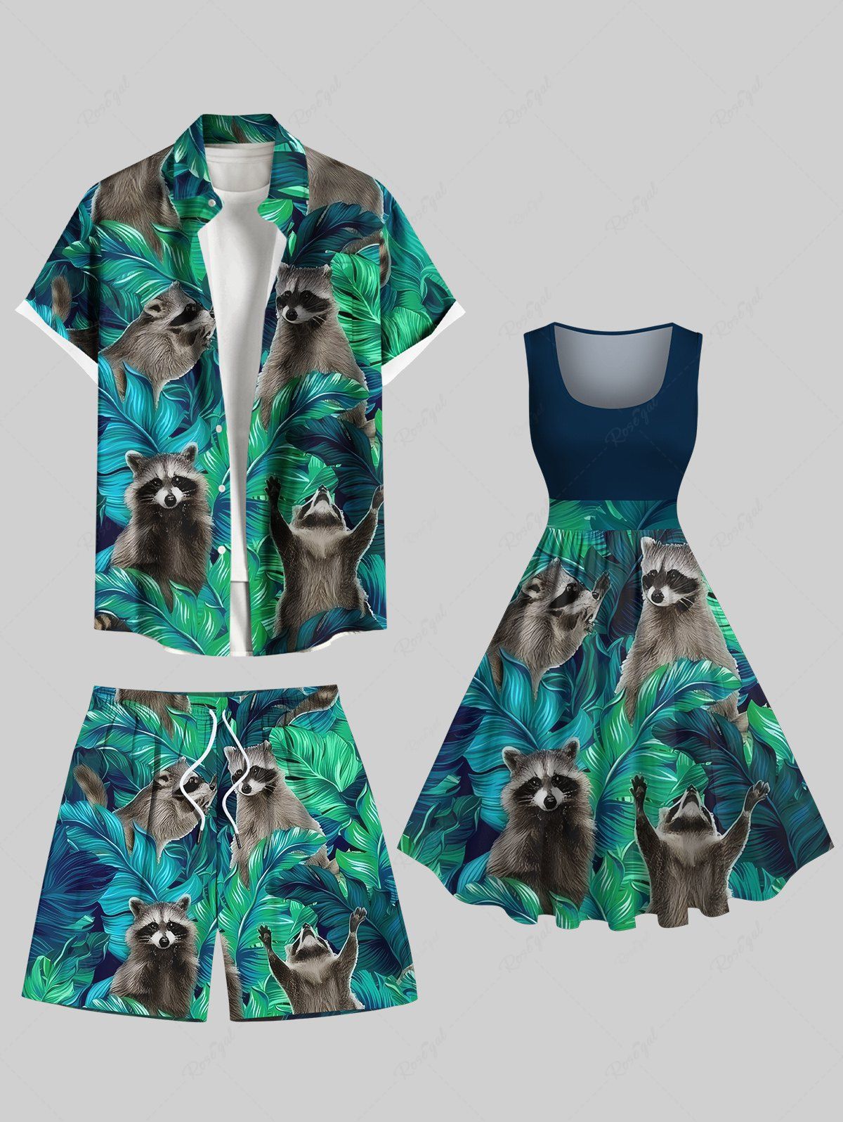 Tenue de plage hawaïenne assortie grande taille à imprimé feuilles tropicales et petit raton laveur pour couples Vert profond 