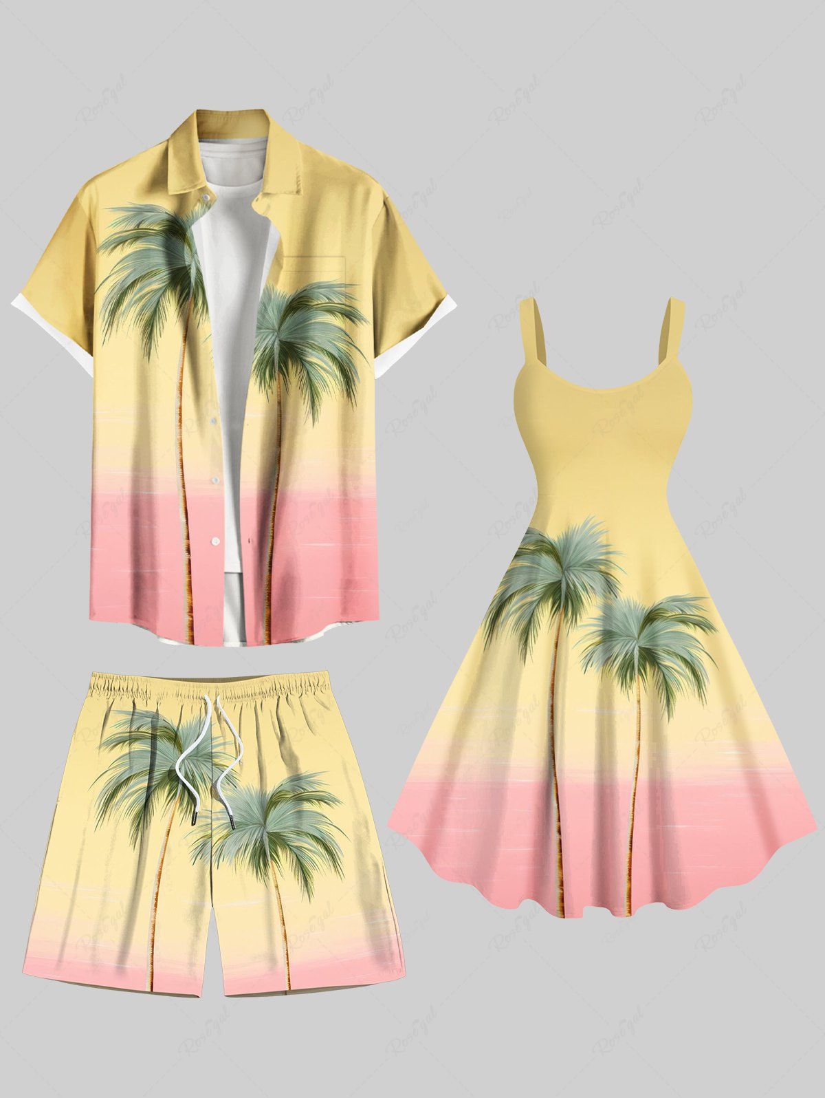 Fashion Coconut Tree Ombre Print Plus Size Matching Hawaii Beach Outfit For Couples  