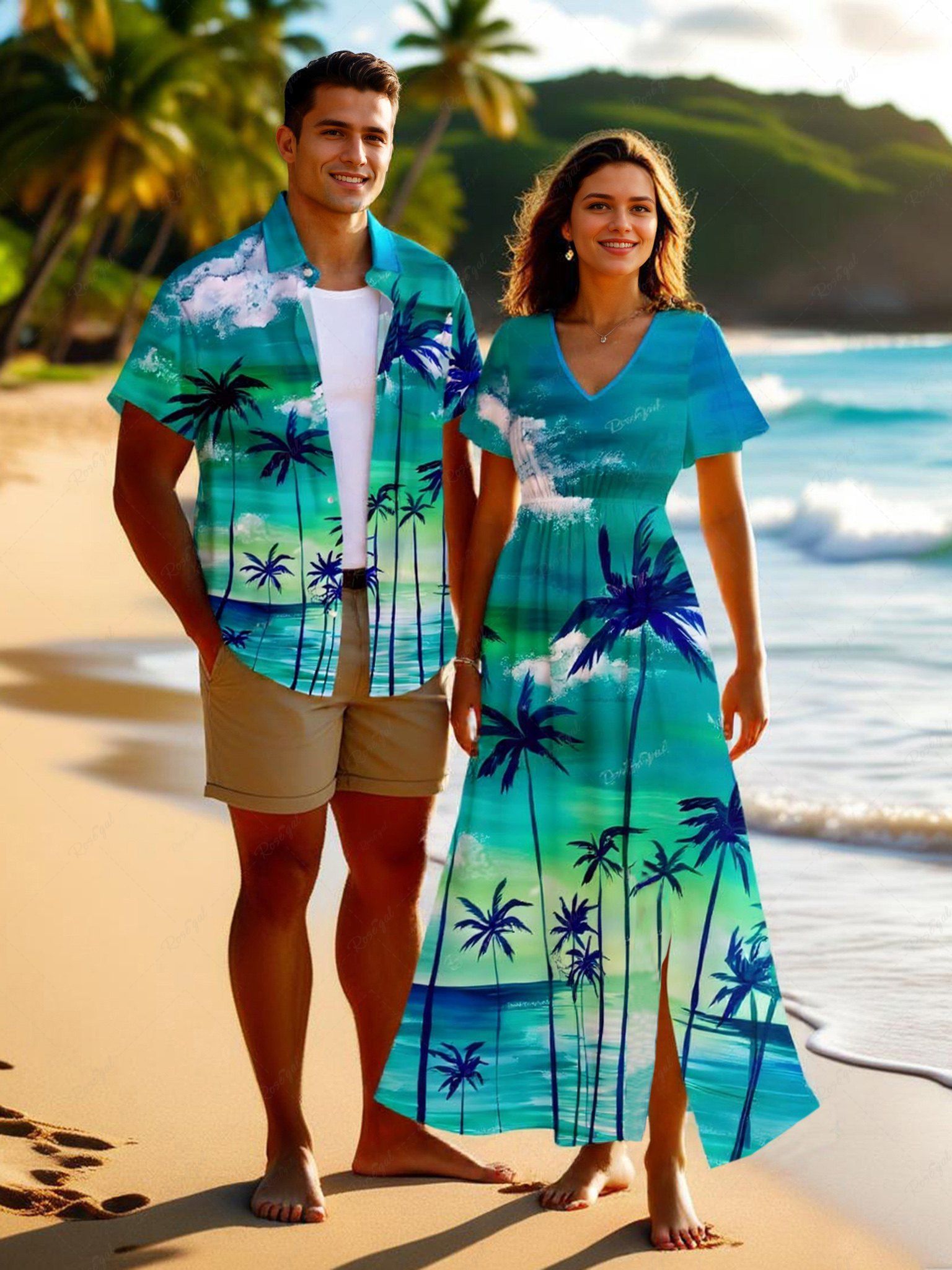 Chic Coconut Tree Cloud Sea Ombre Sky Print Plus Size Matching Hawaii Beach Outfit For Couples  