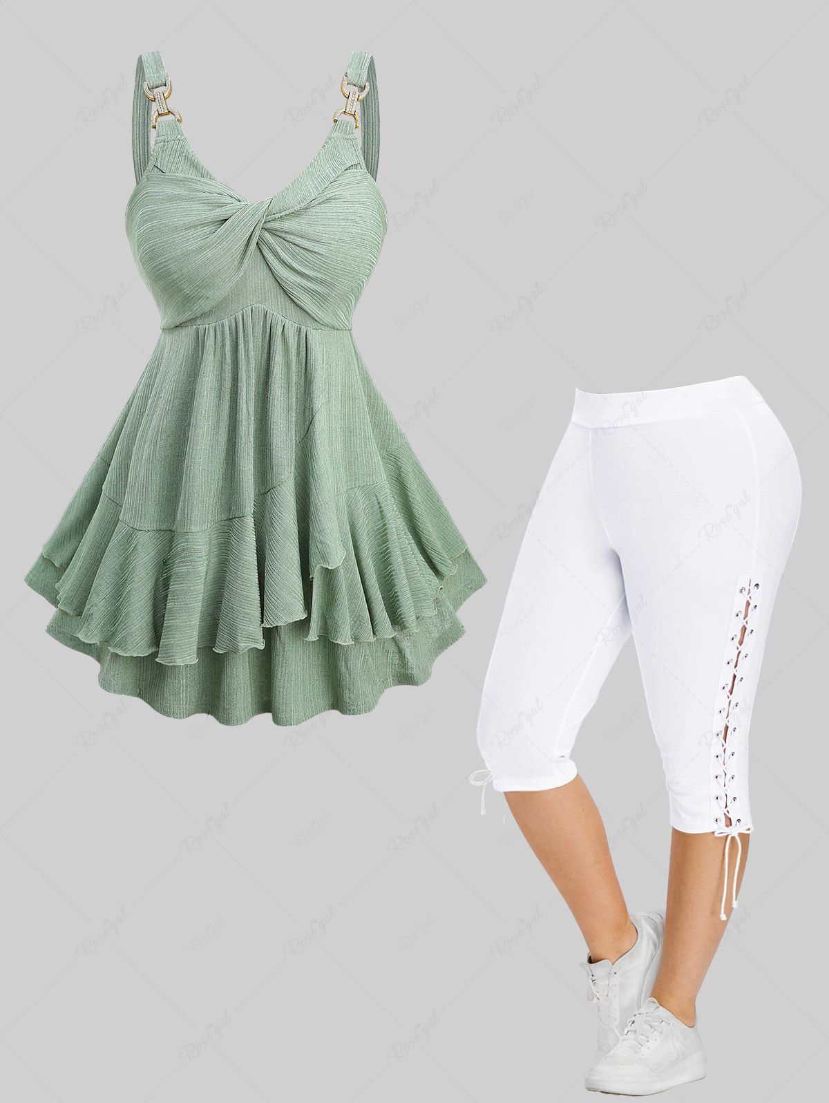 Outfits Twist Ruffles Ribbed Tank Top and High Waisted Lace Up Side Capri Pants Plus Size Outfit  