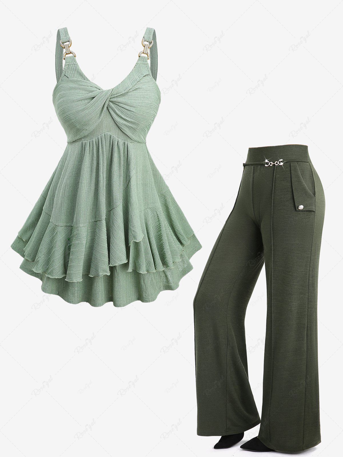 Discount Twist Ruffles Ribbed Tank Top and Pintuck Buckle Waist Wide Leg Pants Plus Size Outfit  