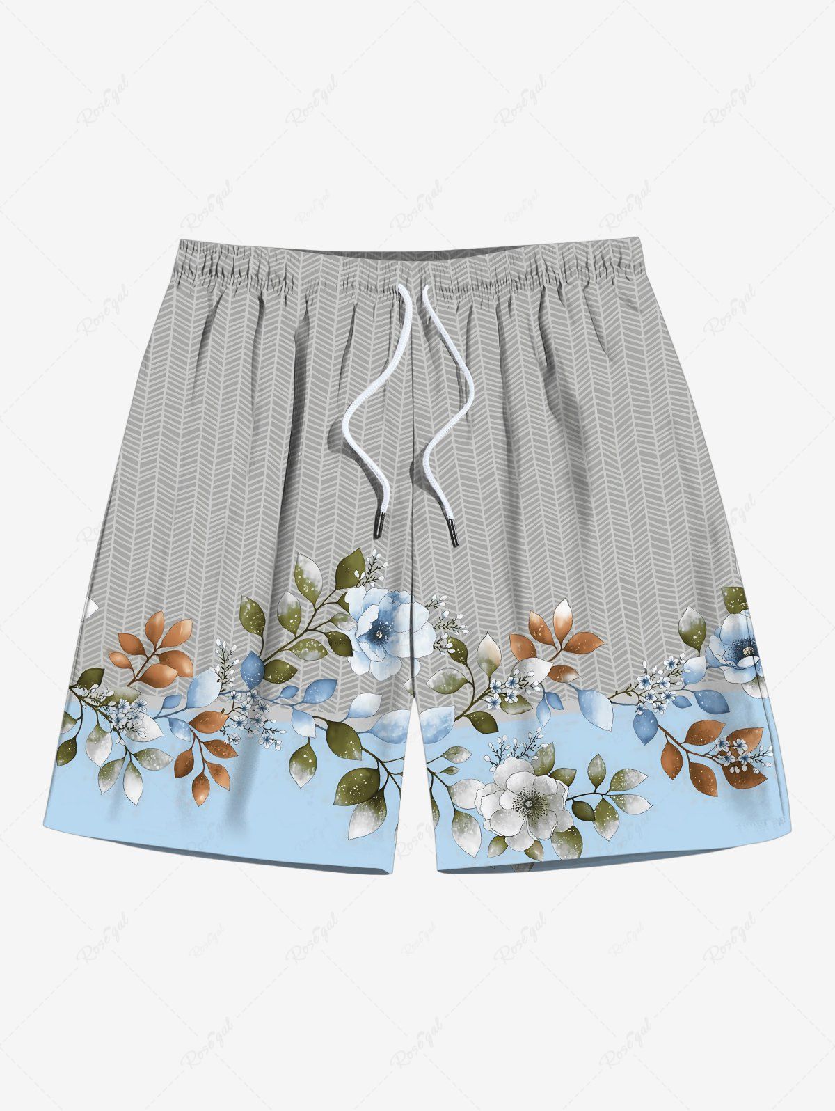 Store Plus Size Flower Branch Textured Print Hawaii Drawstring Pocket Beach Shorts For Men  