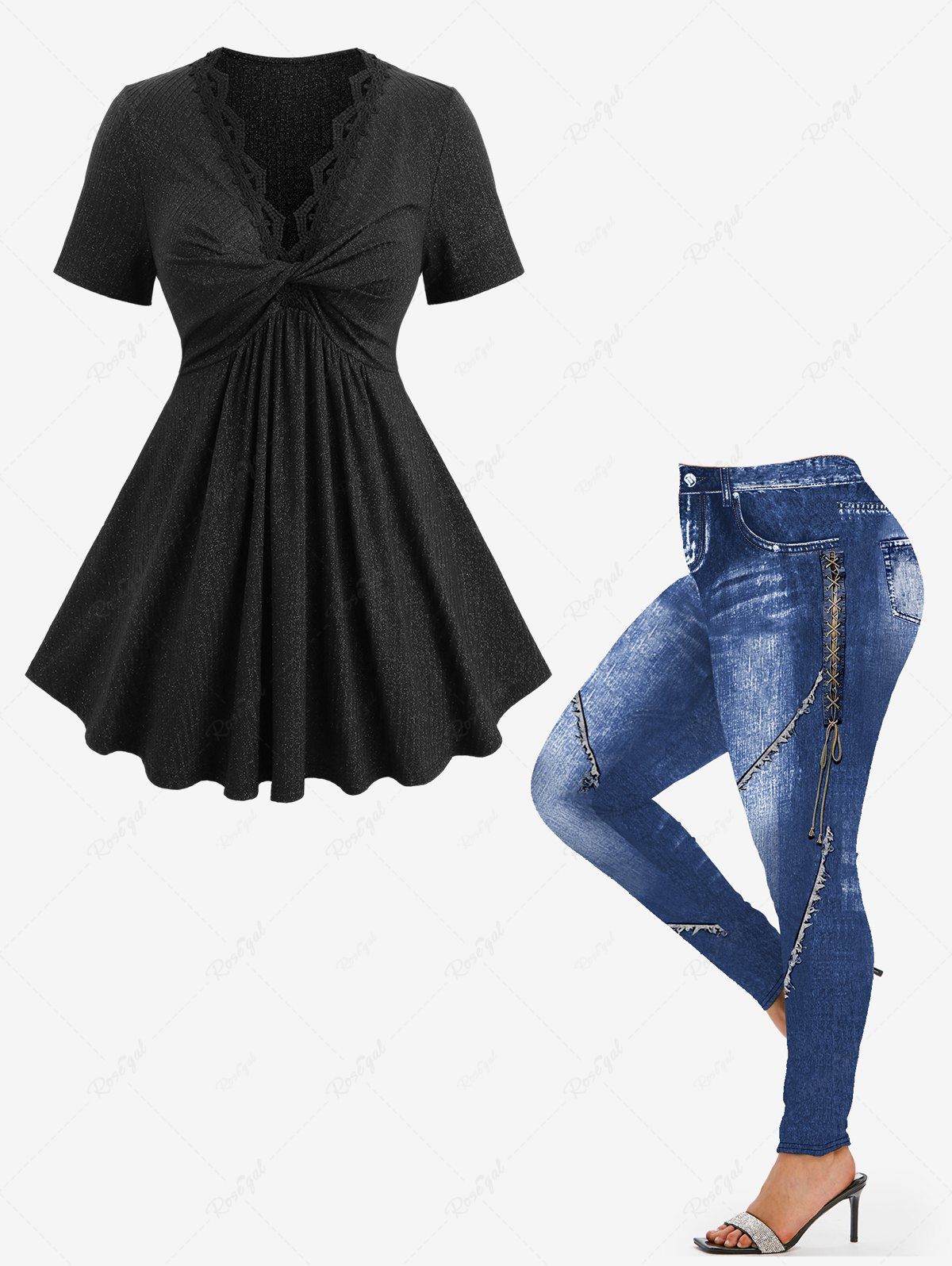 Outfits Glitter Ribbed Twist Top and 3D Denim Lace Up Pockets Print Leggings Plus Size Outfit  