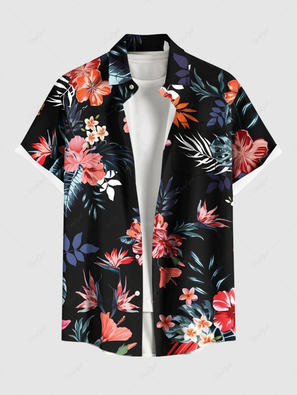 Chemise hawaïenne grande taille à imprimé feuilles tropicales et fleurs d'hibiscus pour homme Noir 3XL