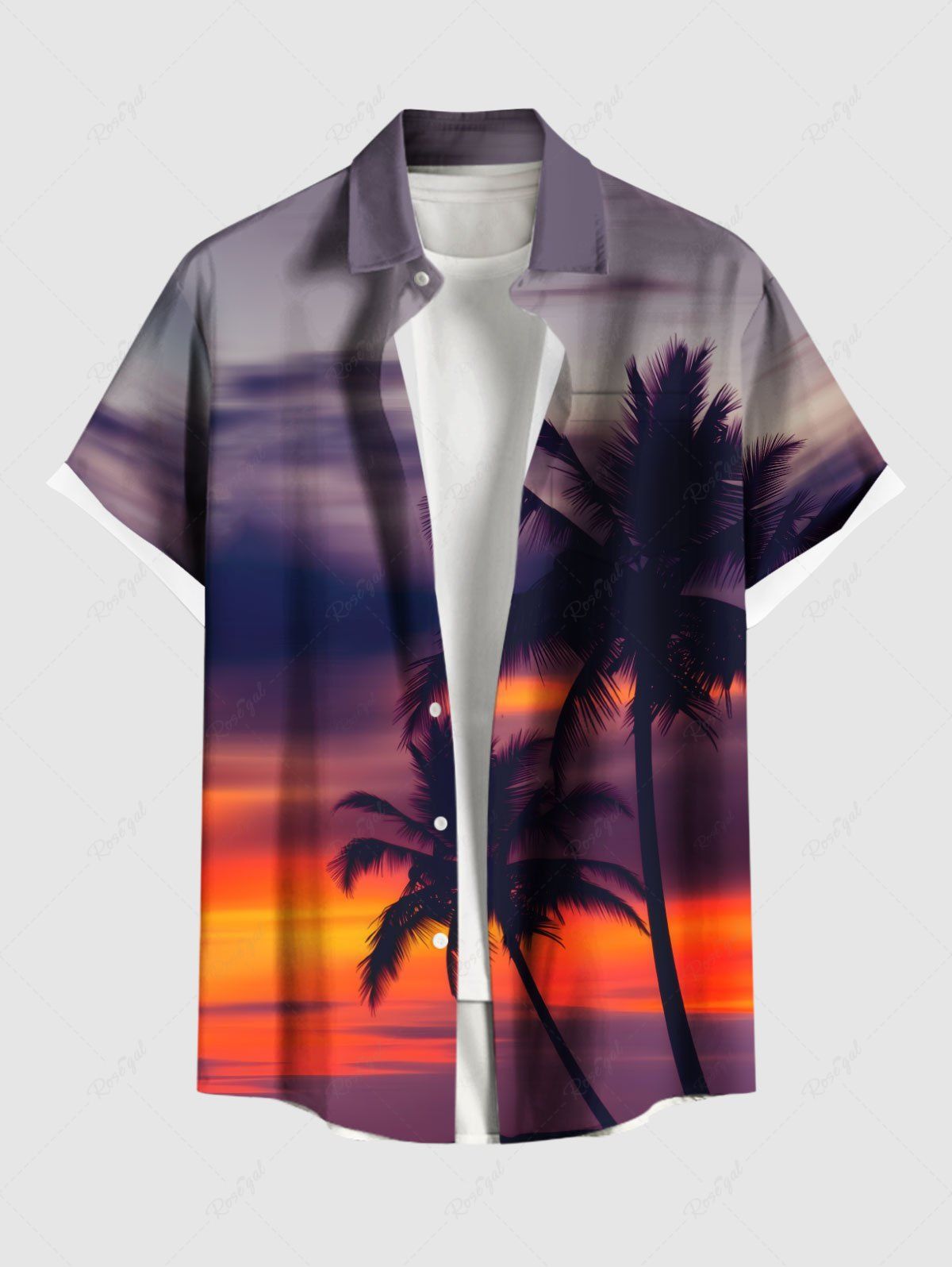 Chemise hawaïenne grande taille à imprimé cocotiers et crépuscule ombré pour homme Rouge XL