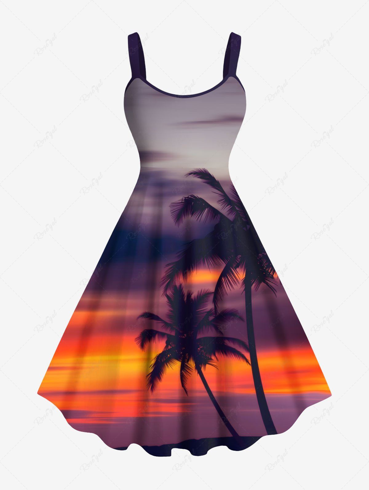 Outfits Plus Size Coconut Tree Ombre Dusk Print Hawaii A Line Tank Dress  