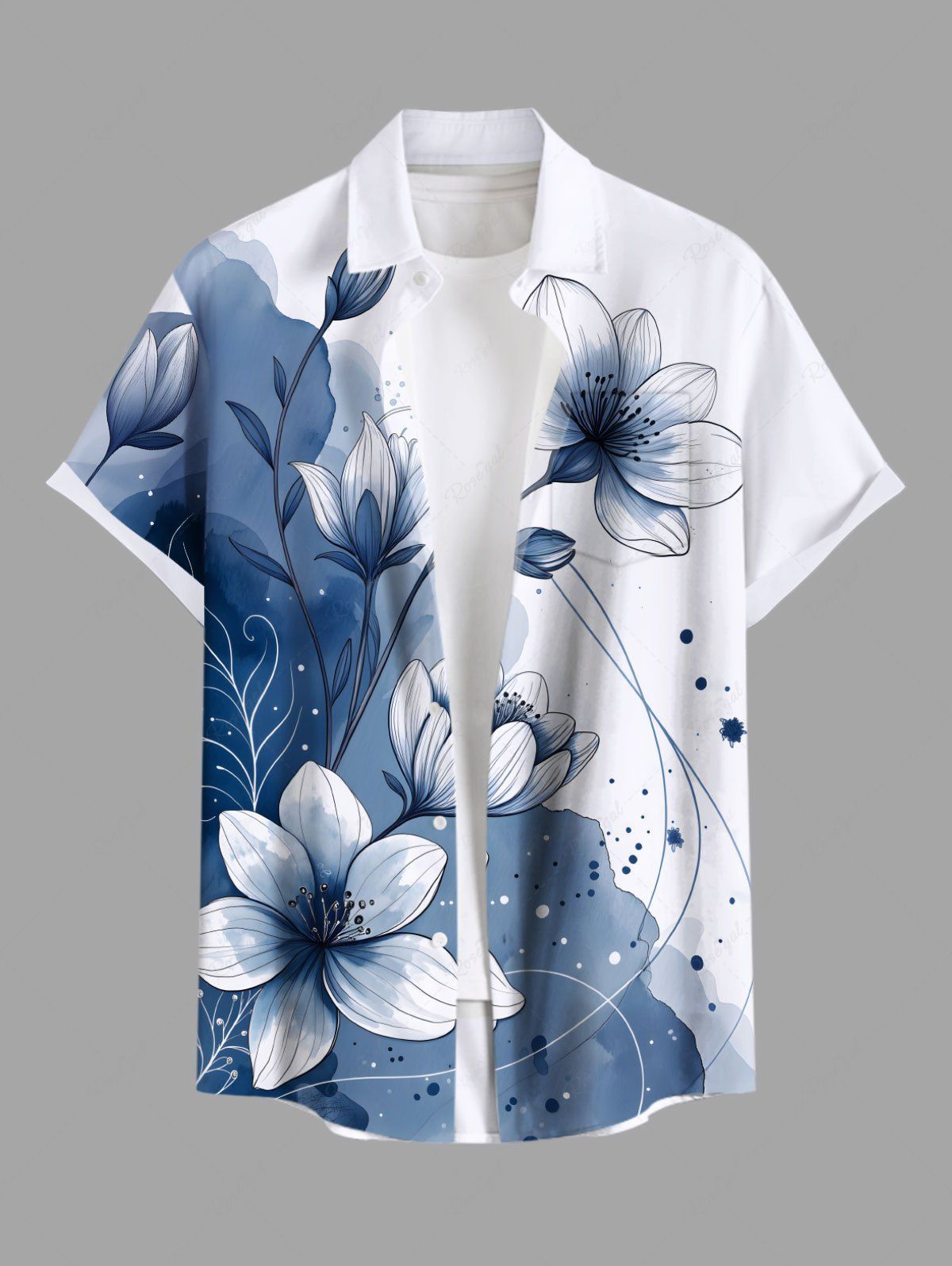 Trendy Plus Size Ink Painting Watercolor Flower Print Hawaii Button Pocket Shirt For Men  