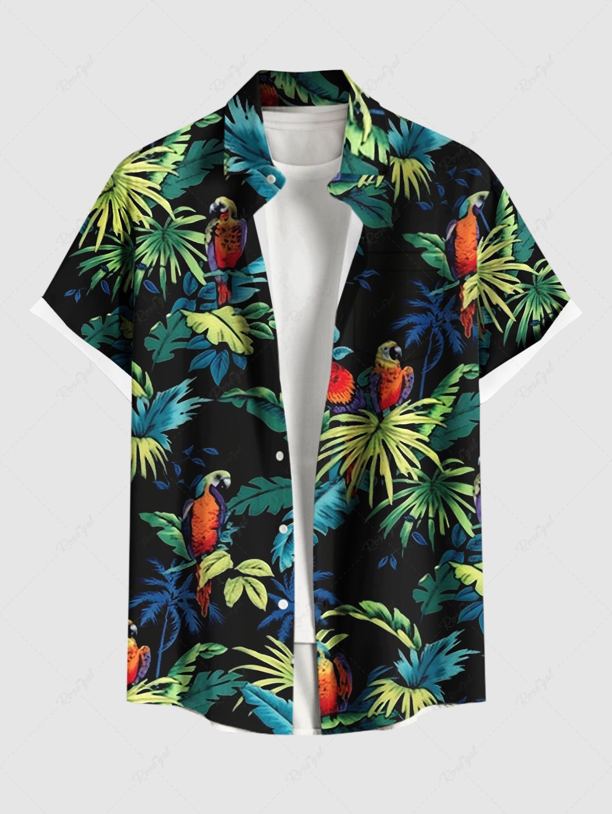 Chemise hawaïenne grande taille à imprimé perroquet et feuilles tropicales ombrées pour homme Vert profond M