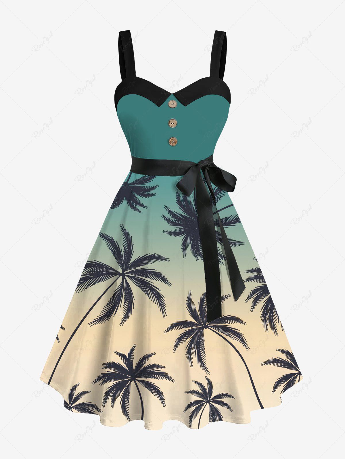 Latest Plus Size Coconut Tree Ombre Print Hawaii Button A Line Tank Dress with Removable Belt  