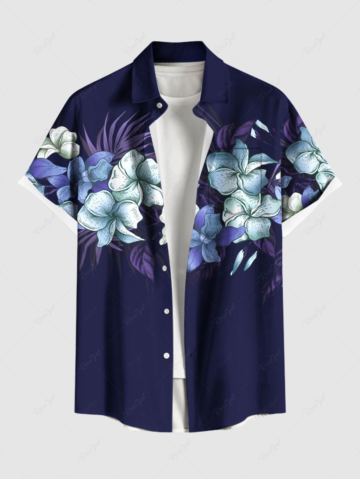 Hot Plus Size Tropical Leaf Hibiscus Flower Print Hawaii Button Pocket Shirt For Men  