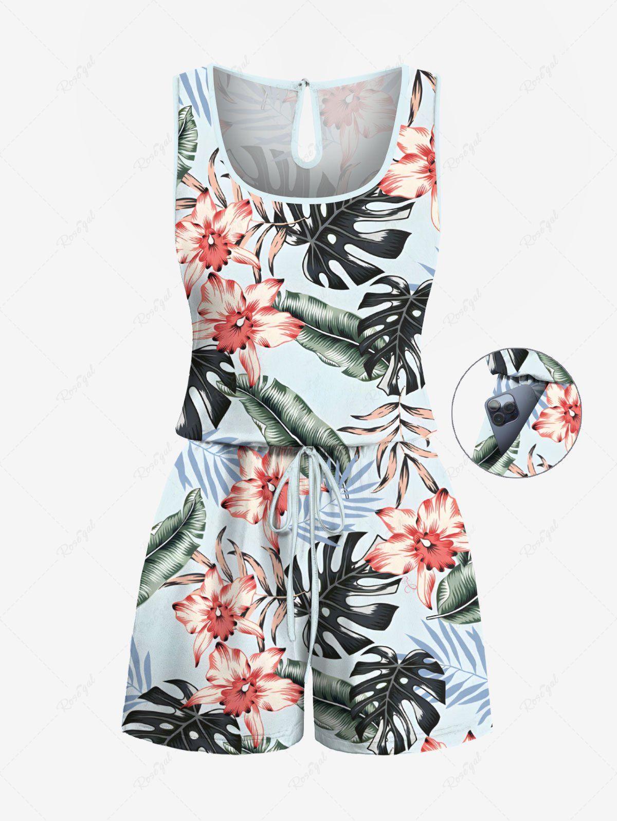 Fashion Plus Size Tropical Leaf Hibiscus Flower Print Hawaii Drawstring Pocket Romper  