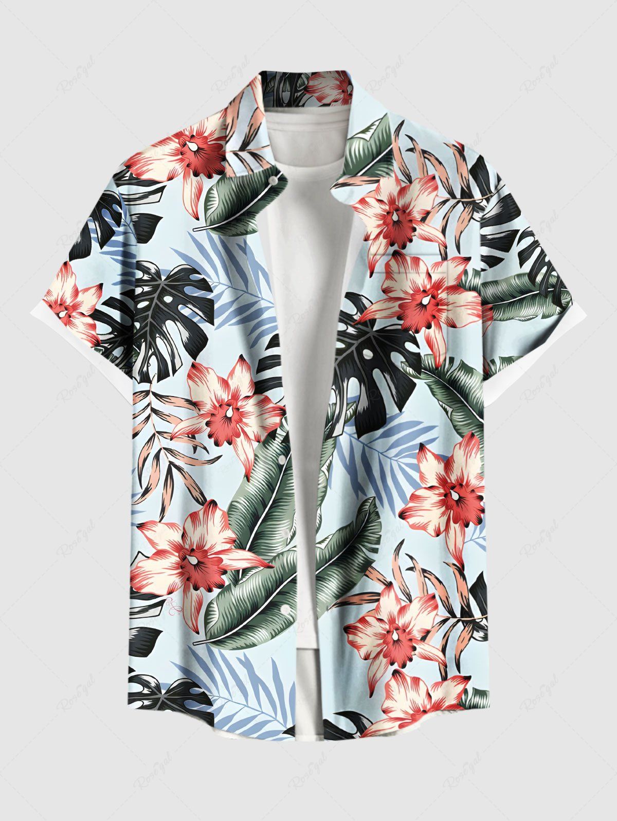 Chemise hawaïenne grande taille à imprimé feuilles tropicales et fleurs d'hibiscus pour homme Bleu clair M