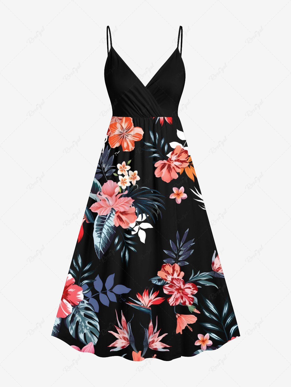 Cheap Plus Size Tropical Leaf Hibiscus Flower Print Hawaii Surplice A Line Cami Dress  