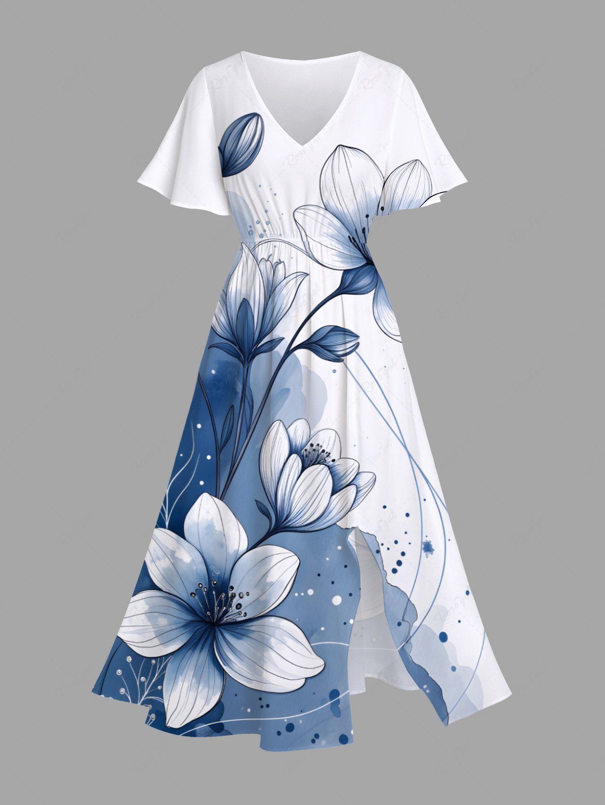 Robe mi-longue trapèze grande taille à imprimé floral aquarelle et peinture à l'encre hawaïenne avec poches fendues Bleu 6X