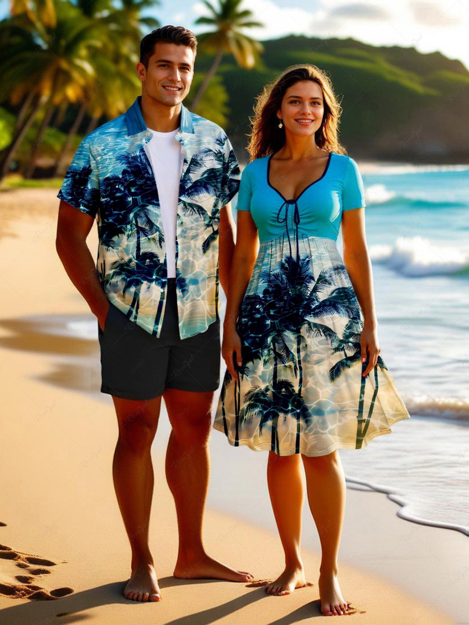 Store Coconut Tree Water Ripples Print Plus Size Matching Hawaii Beach Outfit For Couples  