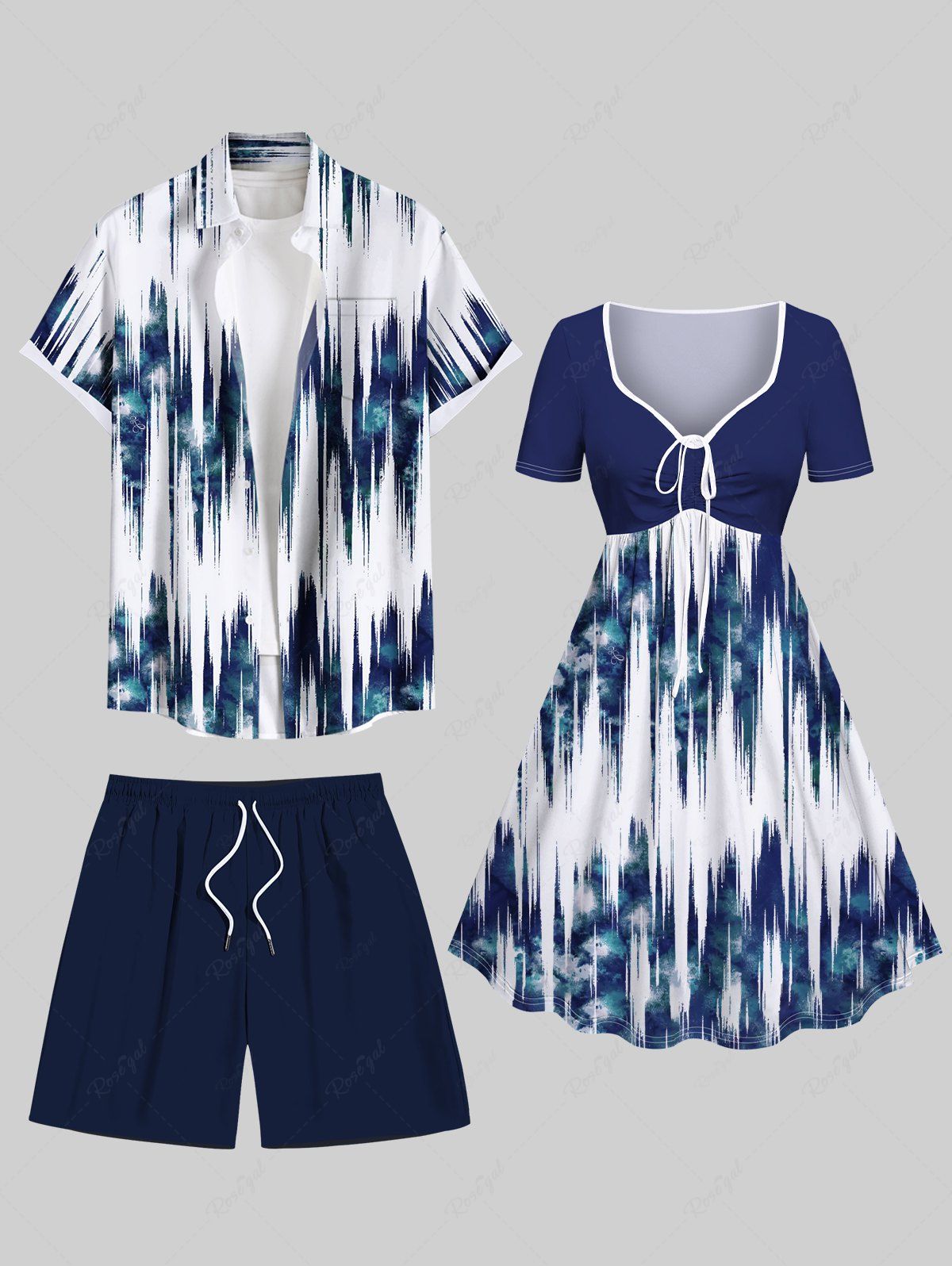 Tenue de plage hawaïenne assortie grande taille, motif vague légère, tie-dye et ombré, pour couple Bleu 