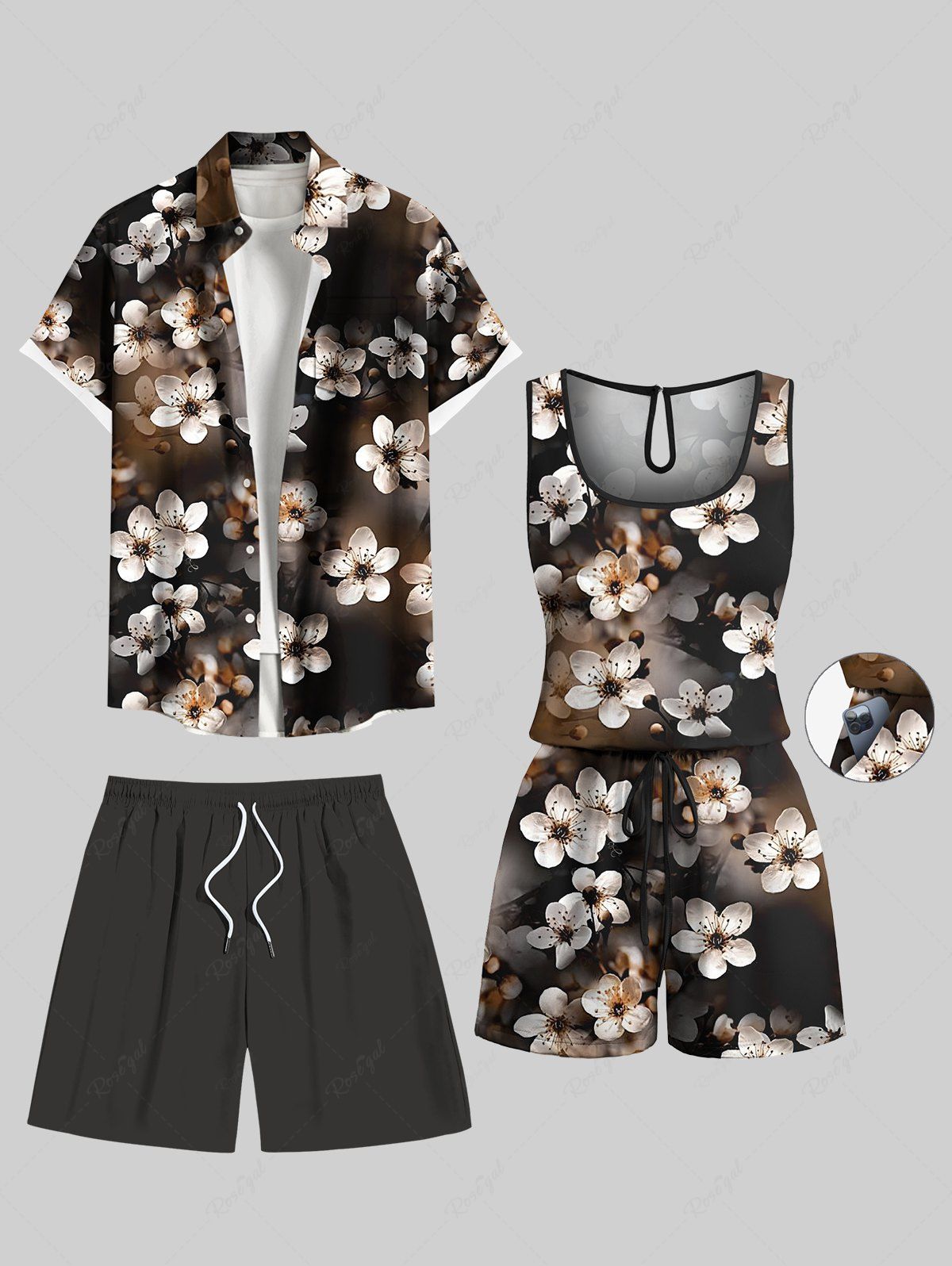 Ensemble chemise hawaïenne, short et barboteuse grande taille, imprimé fleurs de pêcher ombré, pour couple Café profond 