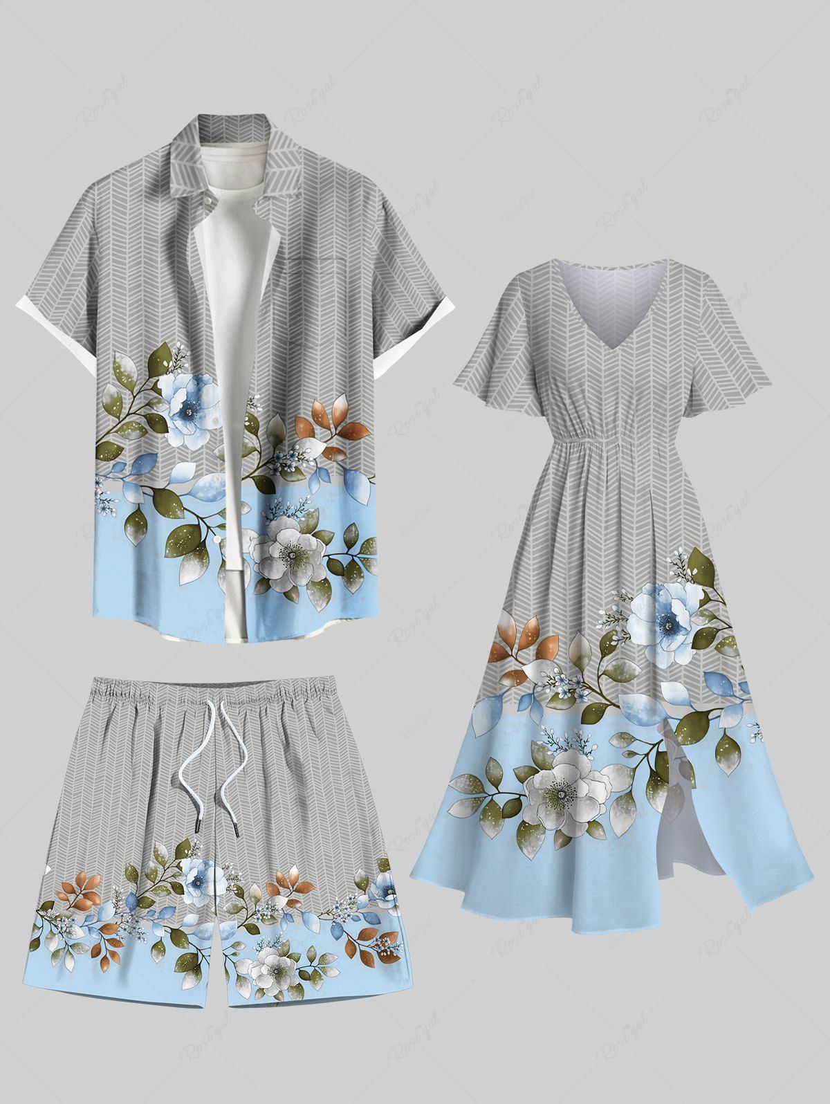 Chic Flower Leaf Branch Herringbone Stripe Print Plus Size Matching Hawaii Beach Outfit For Couples  