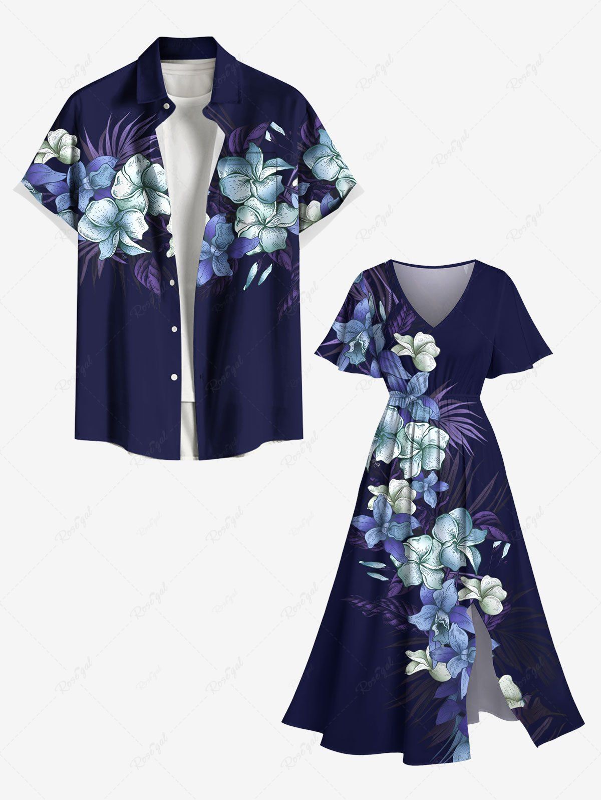 Outfits Tropical Leaf Hibiscus Flower Print Plus Size Matching Hawaii Beach Outfit For Couples  