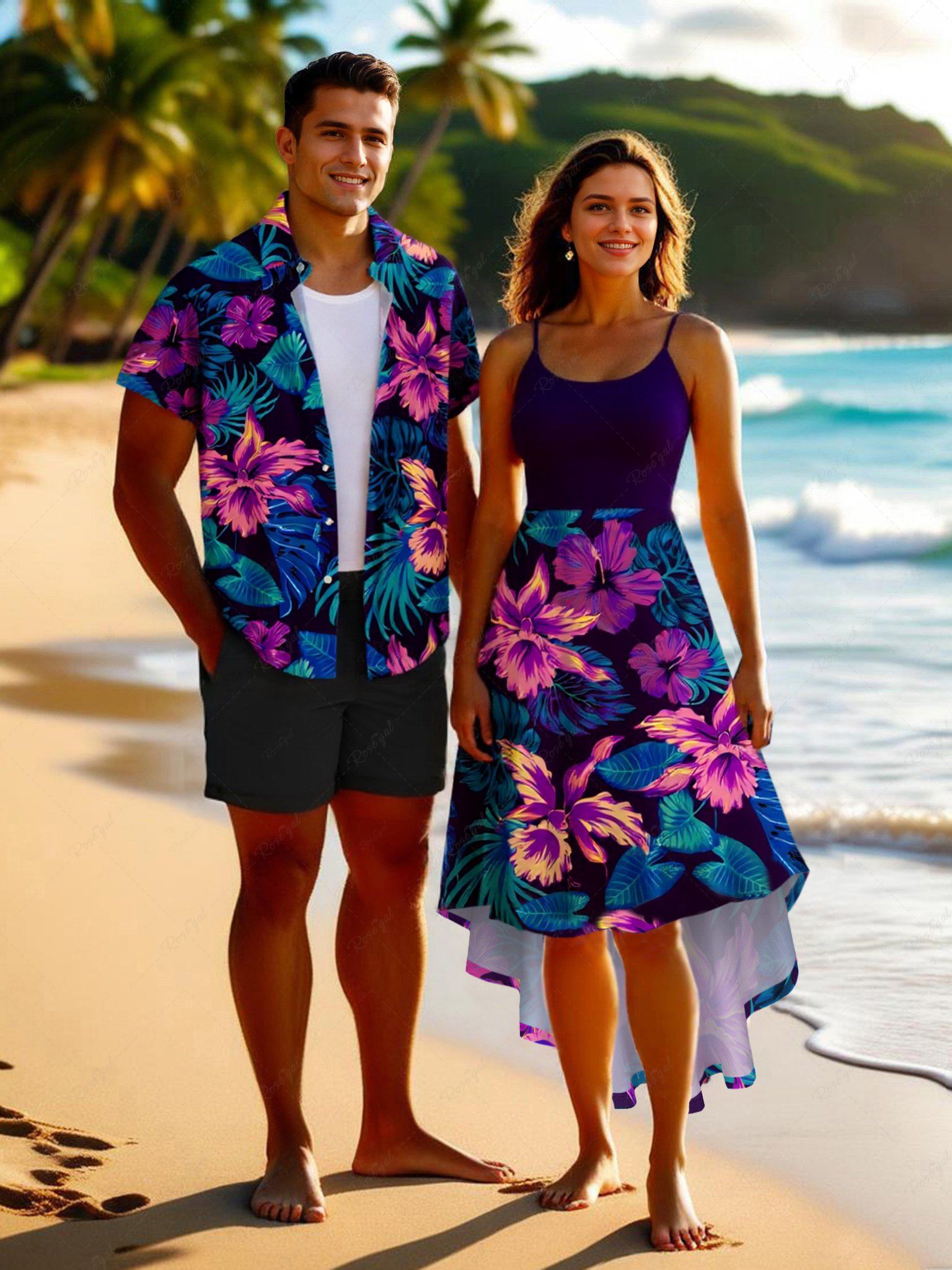 Tenue de plage hawaïenne assortie grande taille à imprimé feuilles tropicales et fleurs d'hibiscus pour couples Pourpre  