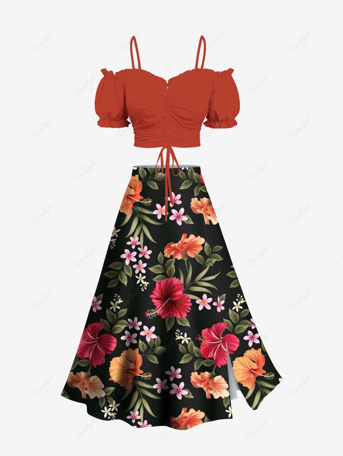 Outfit Solid Cinched Top and Tropical Leaf Hibiscus Flower Print Hawaii Split A Line Skirt Plus Size Matching Set  