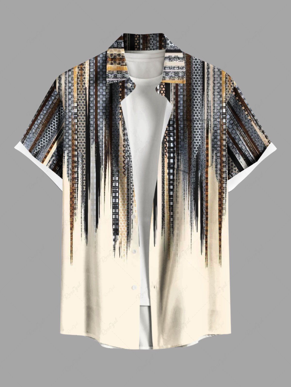 Chemise à rayures géométriques et boutons avec poche pour homme, grande taille café lumière L