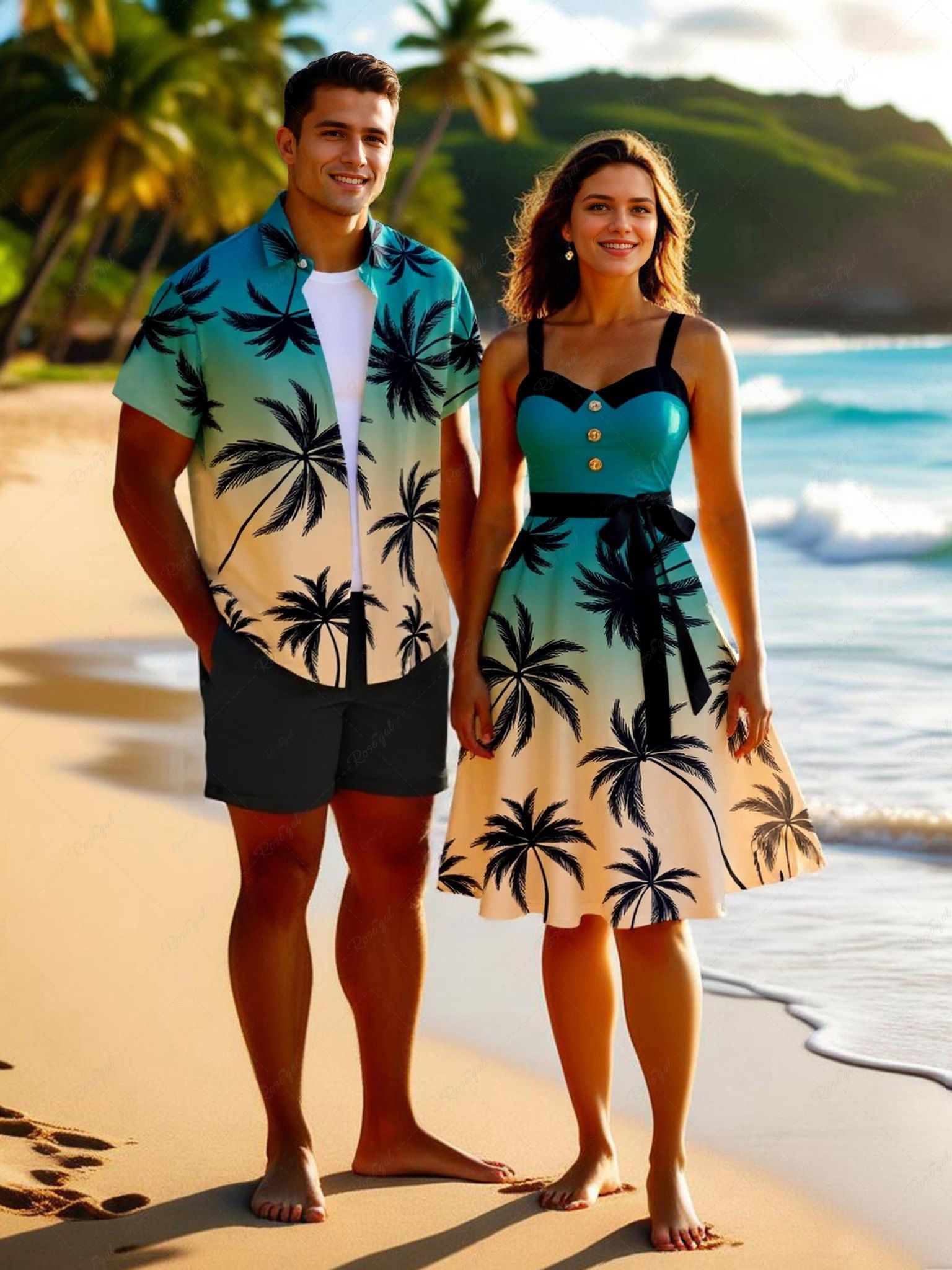 Tenue de plage hawaïenne assortie grande taille à imprimé ombré cocotier pour couples Vert 