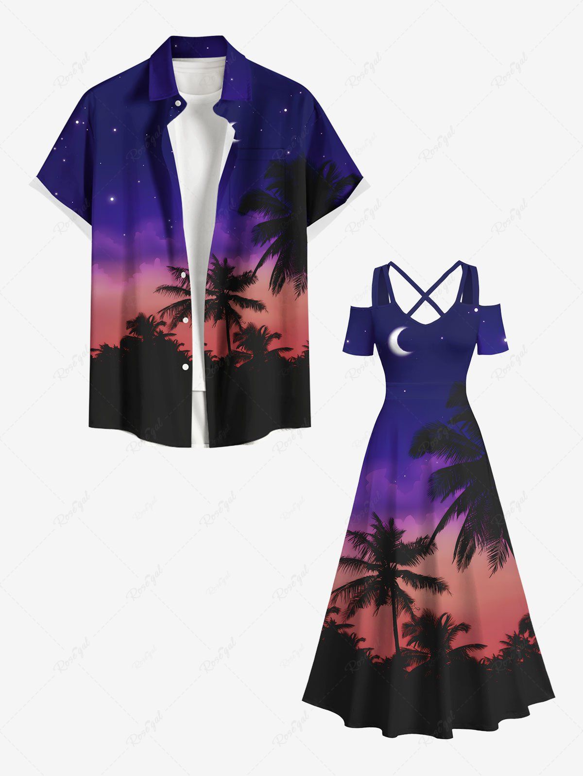 Shops Coconut Tree Moon Ombre Sky Star Print Plus Size Matching Hawaii Beach Outfit For Couples  