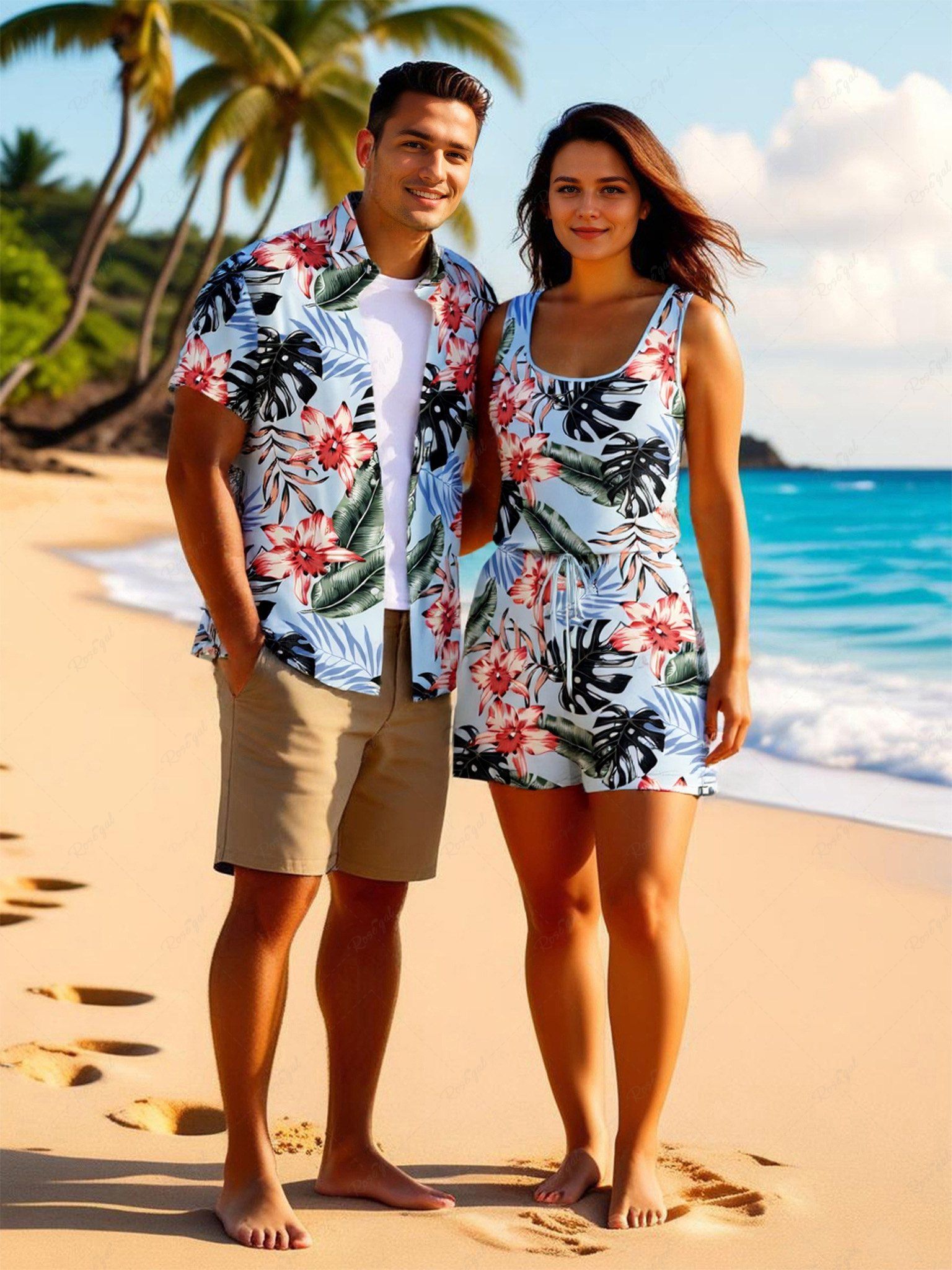 Shops Matching Hawaii Shirt and Romper Plus Size Beach Outfit Tropical Leaf Hibiscus Flower Print For Couples  